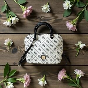 Dooney & Bourke Monogram Satchel Cream Black Leather Trim Red Interior Bag